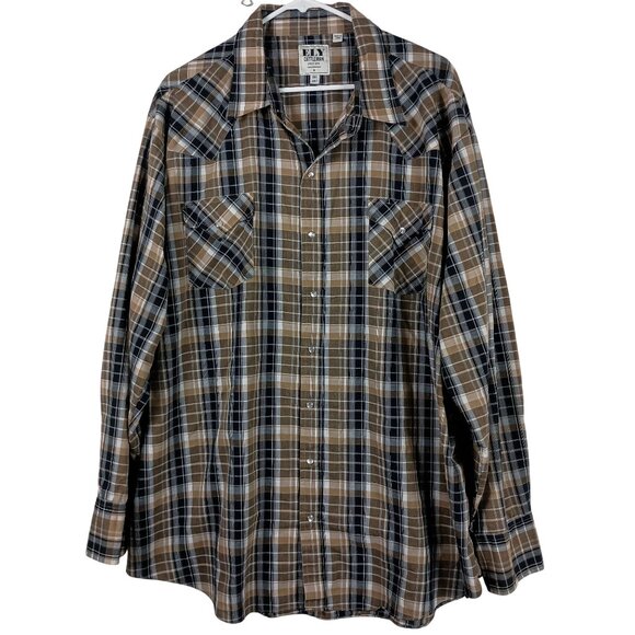 Ely Cattleman Mens 3XLT Plaid Western Shirt Pearl Snap Long Sleeve Brown - Picture 1 of 8